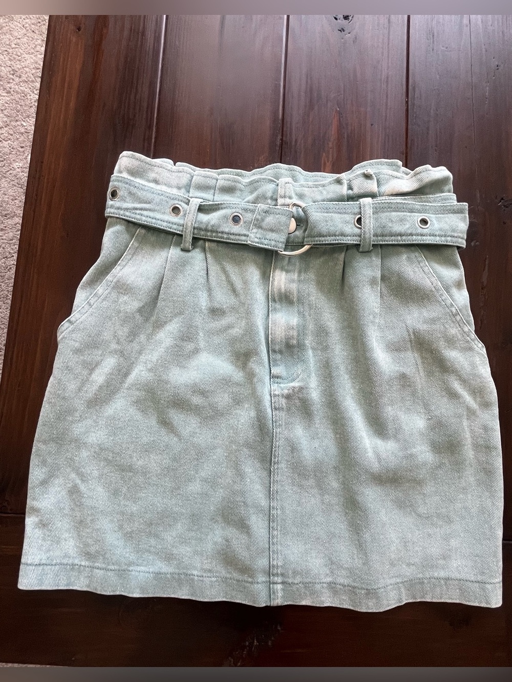 Lyn Burches Paperbag-Waist Mini Skirt in Light Teal with Belt